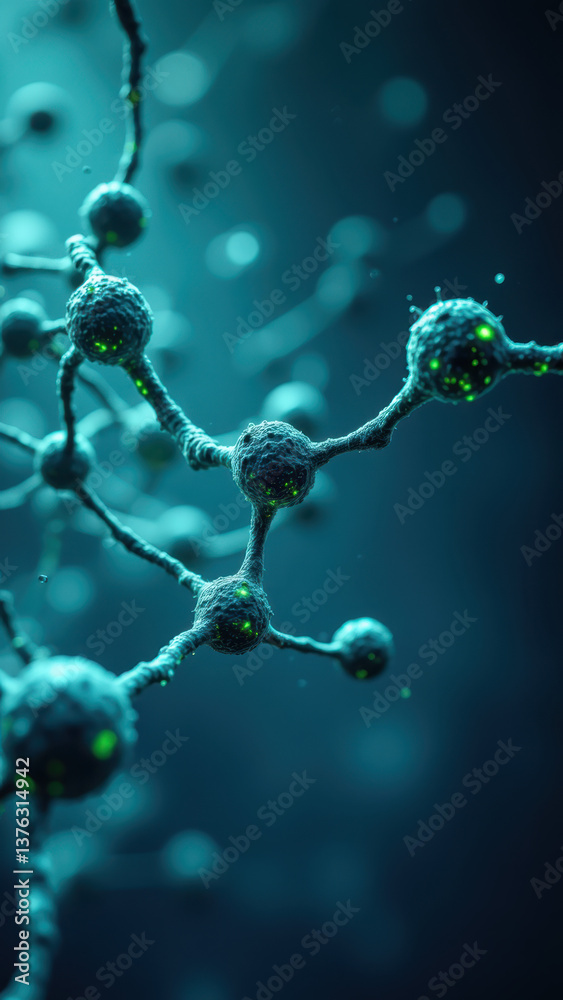 This is a 3D rendering of a GLP-1 molecule floating in an abstract blue space with other atoms and molecules. This is a 3D rendering of a GLP-1 molecule floating in an abstract blue space with other atoms and molecules.