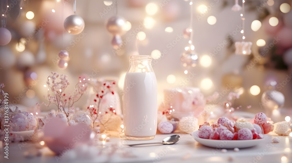 Elegant Tribute to World Milk Day with Stylish Milk Bottle and Silver Spoon on an Elegant Table Amid Whimsical Decorations and Subtle Lighting Elegant Tribute to World Milk Day with Stylish Milk Bottle and Silver Spoon on an Elegant Table Amid Whimsical Decorations and Subtle Lighting