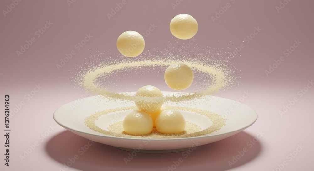 A futuristic dessert display featuring delicate mochi balls floating above a smooth ceramic plate, with a soft dusting of cornstarch swirling around them. A futuristic dessert display featuring delicate mochi balls floating above a smooth ceramic plate, with a soft dusting of cornstarch swirling around them.