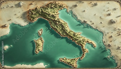 Detailed Topographic Map Depicting Coastal Region with Islands and Landscape
