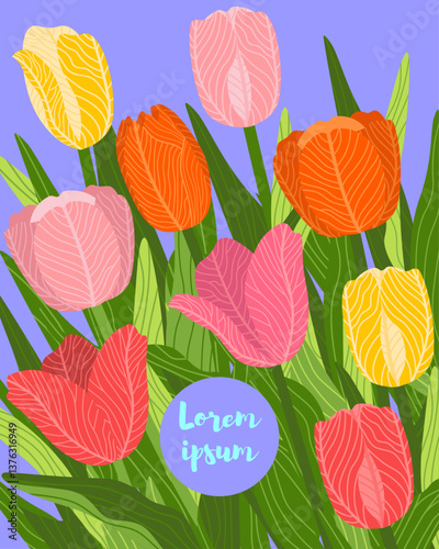 Illustration of a floral background featuring various tulips flowers, with a text placeholder. Ideal for banners, covers, greeting cards, invitations, posters, and other design templates. Hand-drawn