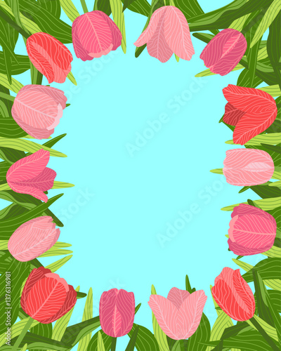 Illustration of a floral background featuring various tulips flowers, with a copy space. Ideal for banners, covers, greeting cards, invitations, posters, and other design templates. Hand-drawn vector