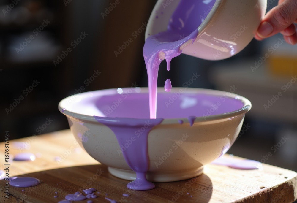 Pouring vibrant purple paint into a bowl, creating a colorful splash