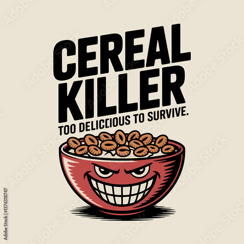 Humorous Cereal Bowl with an Evil Grin: "Cereal Killer" Concept for Funny Food Illustrations. Too Delicious to Survive!