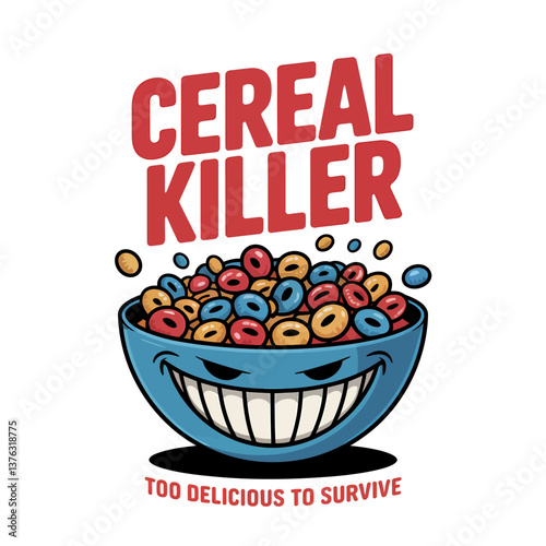 Humorous 'Cereal Killer' Illustration: Cartoon Bowl with Colorful Loop Cereal and Mischievous Grin