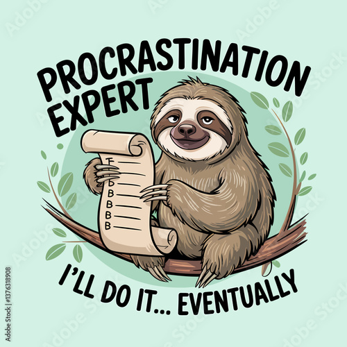Procrastination Expert Sloth: Funny Cartoon Illustration of a Lazy Sloth Holding a To-Do List with a Funny Quote About Delaying Tasks