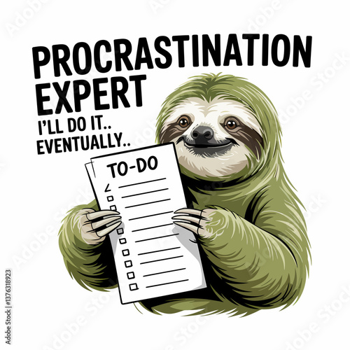 Funny sloth procrastination expert with to-do list: 'I'll do it... eventually'. Cute animal cartoon for lazy day, humor, and relatable procrastination