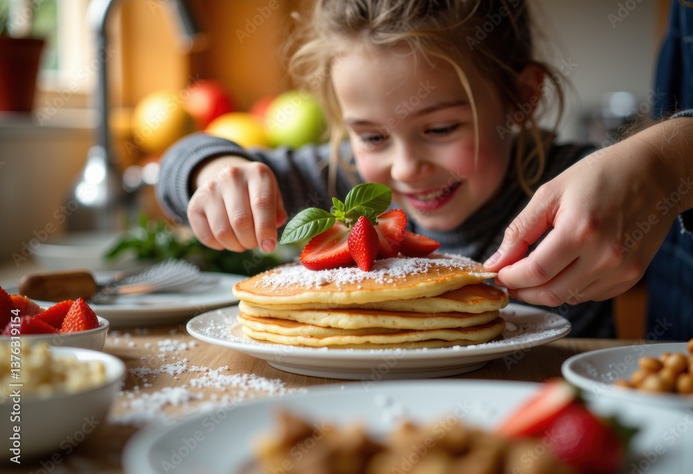 A joyful girl decorating pancakes with strawberries and mint leaves A joyful girl decorating pancakes with strawberries and mint leaves