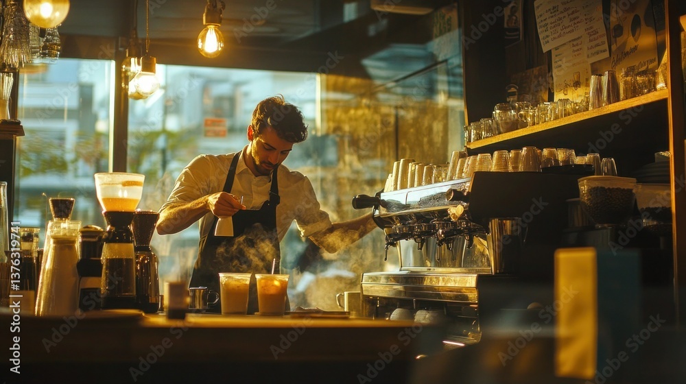 A barista preparing iced lattes and cappuccinos at a hip cafa A barista preparing iced lattes and cappuccinos at a hip cafa