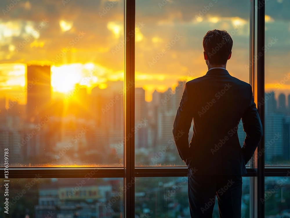 Fototapeta premium Successful Entrepreneur Contemplates Future with Cityscape and Sunrise View