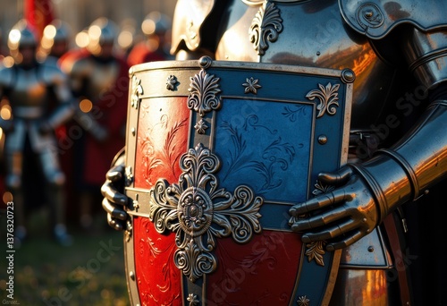 A knight in shining armor holds a beautifully crafted shield with intricate designs