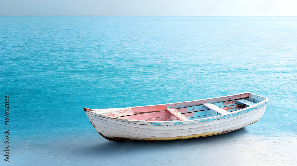 Small White and Red Rowboat on a Turquoise Sea Small White and Red Rowboat on a Turquoise Sea
