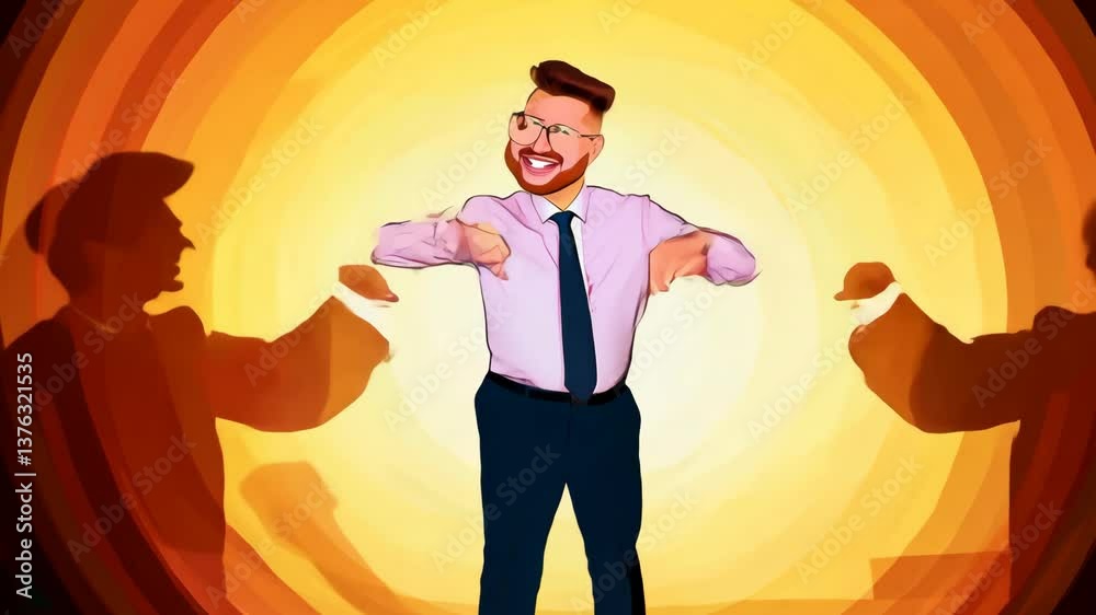 A lively animated man dancing joyfully against a warm, abstract background with glowing lights. 4k Video footage. A lively animated man dancing joyfully against a warm, abstract background with glowing lights. 4k Video footage.