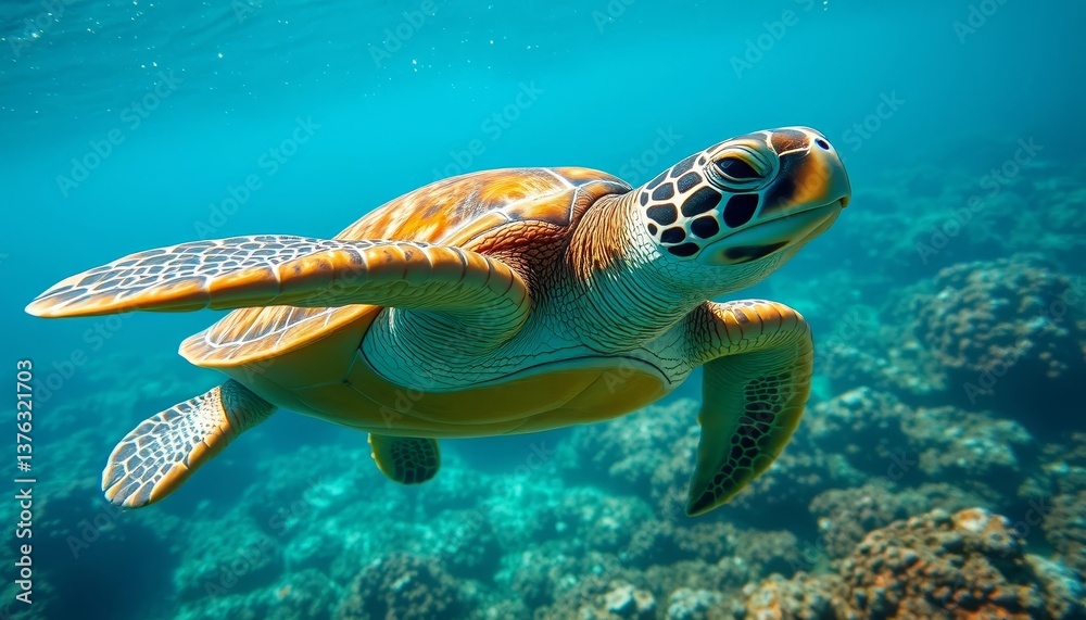 Fototapeta premium A Majestic Sea Turtle Gracefully Navigates a Vibrant Coral Reef Ecosystem