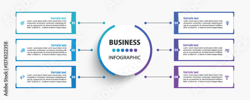 Infographic design business template with 6 options or steps. Can be used for workflow layout, diagram, annual report, web design	
