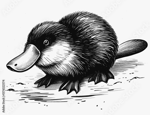 Mystery of the Monotreme Platypus line art drawing ink sketch vector hand drawn illustration background