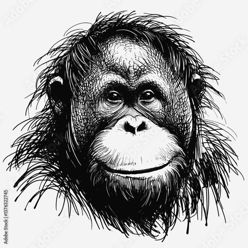 Gentle Guardian of the Forest Orangutan line art drawing of lion Laugh ink sketch vector hand drawn illustration background