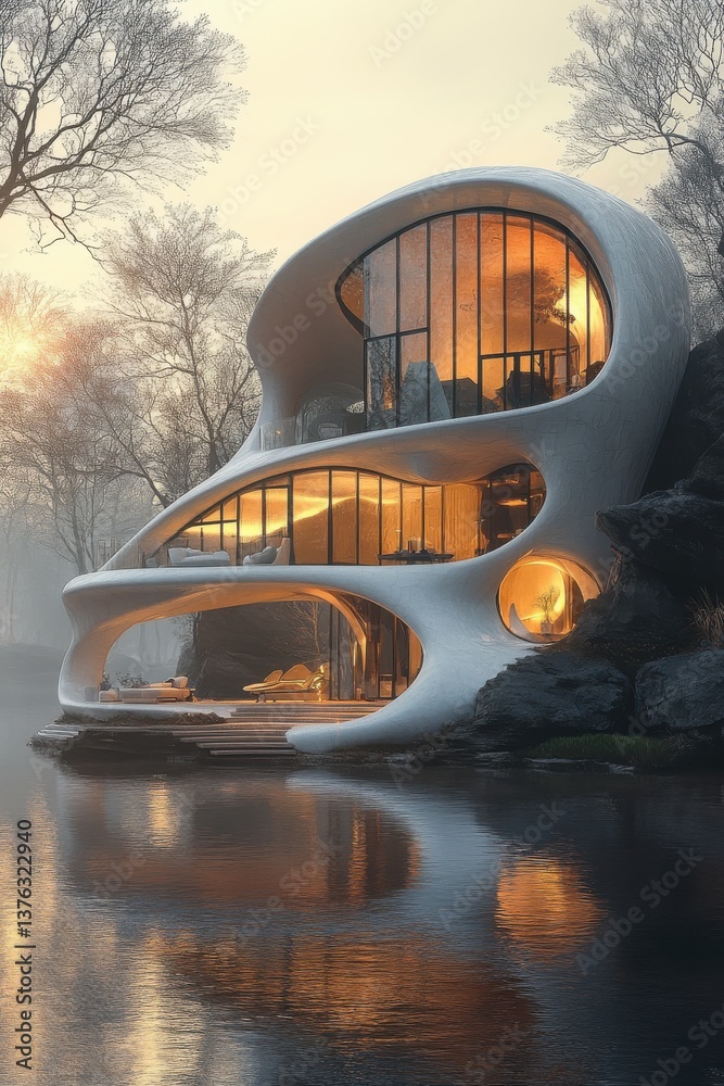 Fototapeta premium Futuristic house by water, glowing windows, winter scene