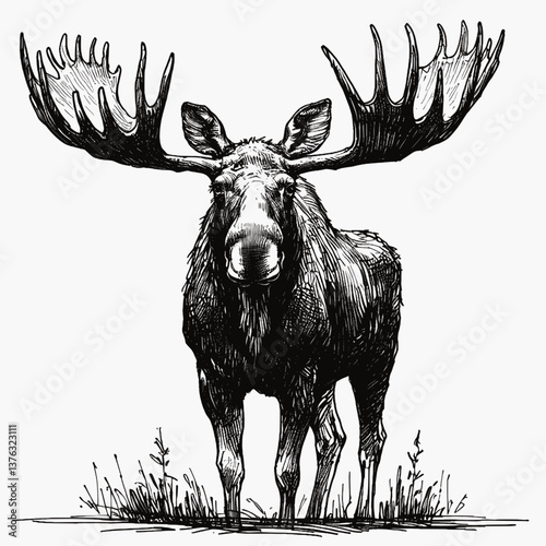 Moose line art drawing ink sketch vector hand drawn illustration background