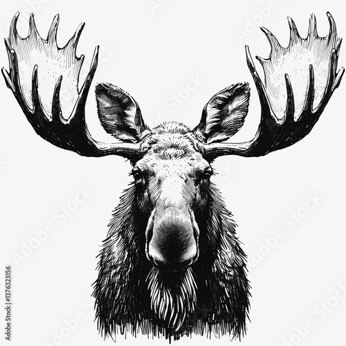 Nature’s Noble Beast Moose line art drawing ink sketch vector hand drawn illustration background