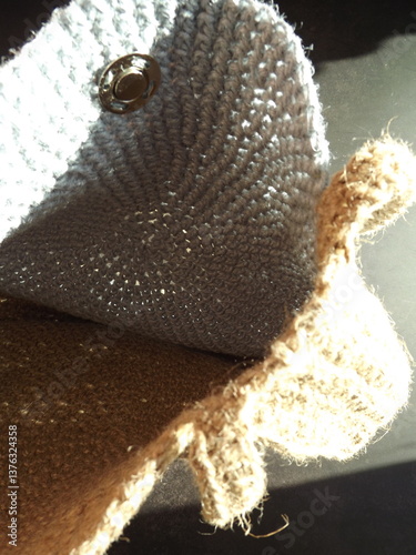 Beach bag made of blue and beige jute, crocheted. High quality photo photo