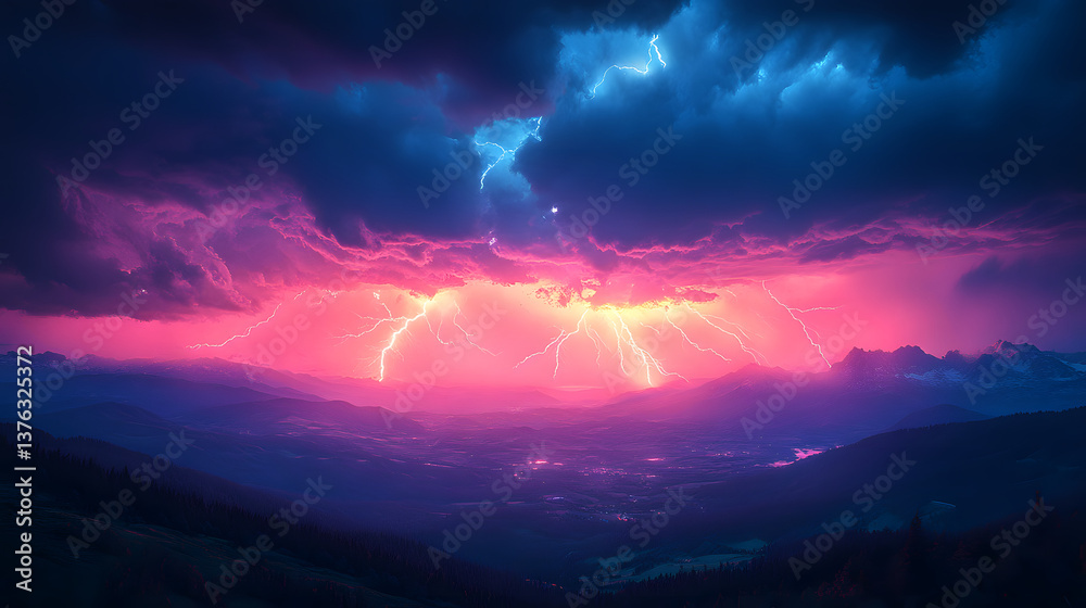 Fototapeta premium A massive thunderstorm with lightning bolts striking the earth, illuminating the dark sky and surrounding mountains. The immense power of nature is displayed in a dramatic, awe-inspiring scene filled 