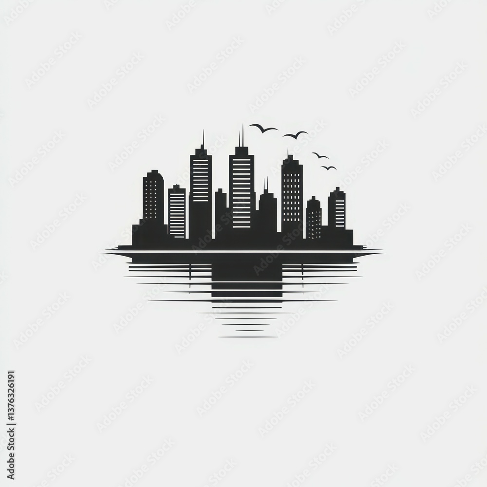 Naklejka premium City skyline silhouette reflected on calm water at sunset with birds flying above