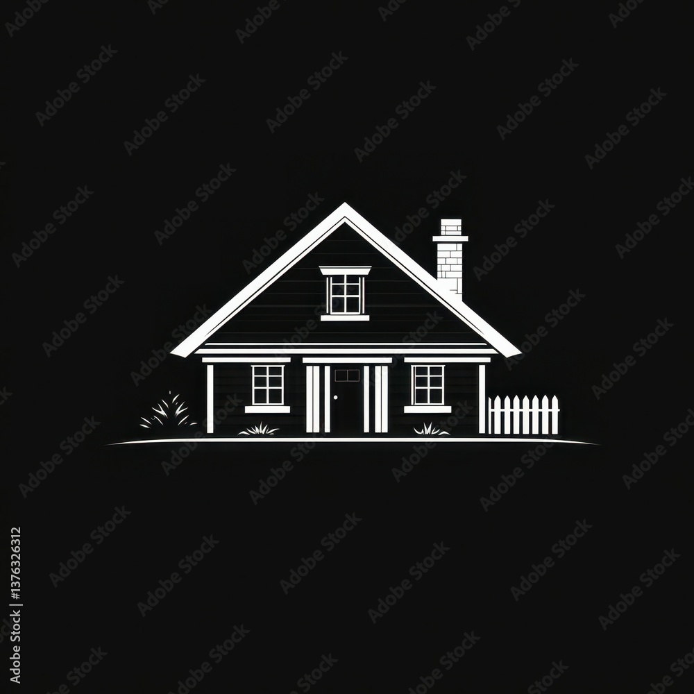 Simple black and white illustration of a house with a chimney and picket fence in a minimalist style