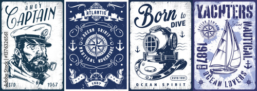 Nautical themed vintage labels for ocean adventure