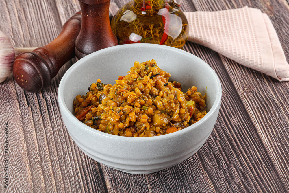 Fototapeta premium Vegan garnish - lentil with vegetables