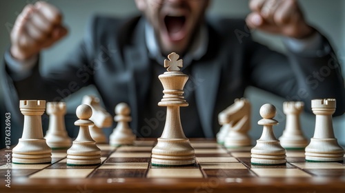 Triumph of strategy, elated executive celebrates chessboard victory with passion