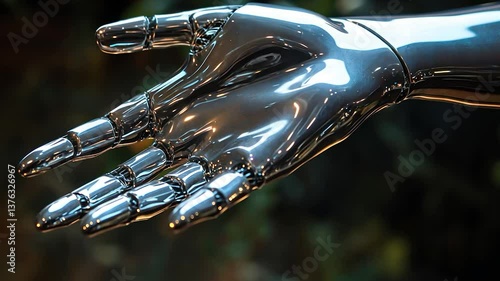 Polished metallic robotic hand, intricate joints, reflective surface