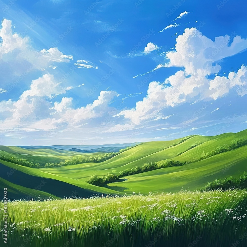 Obraz premium A field landscape painting with vast green meadows, distant rolling green hills, a bright blue sky with fluffy white clouds, sunlight streaming down, and wildflowers swaying in the breeze
