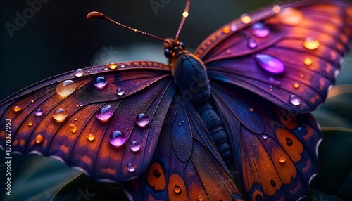 Enchanting Butterfly with Water Droplets: Witness a close-up view of a butterfly, its delicate wings adorned with mesmerizing water droplets, glistening in the sunlight and enhanced by a blurred.
