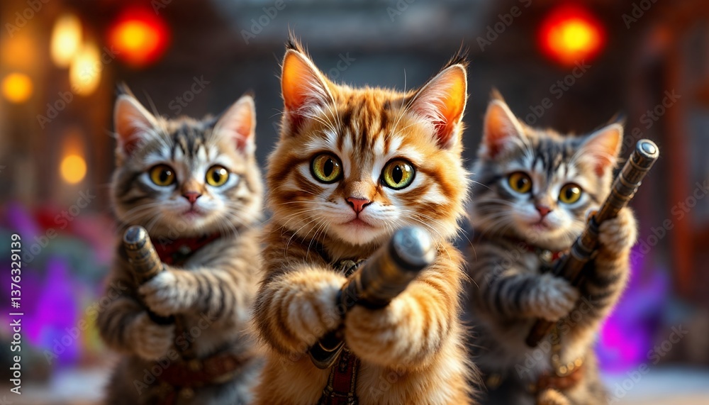 Fototapeta premium Three Cute Cats Holding Pipes Standing with Blurred Background