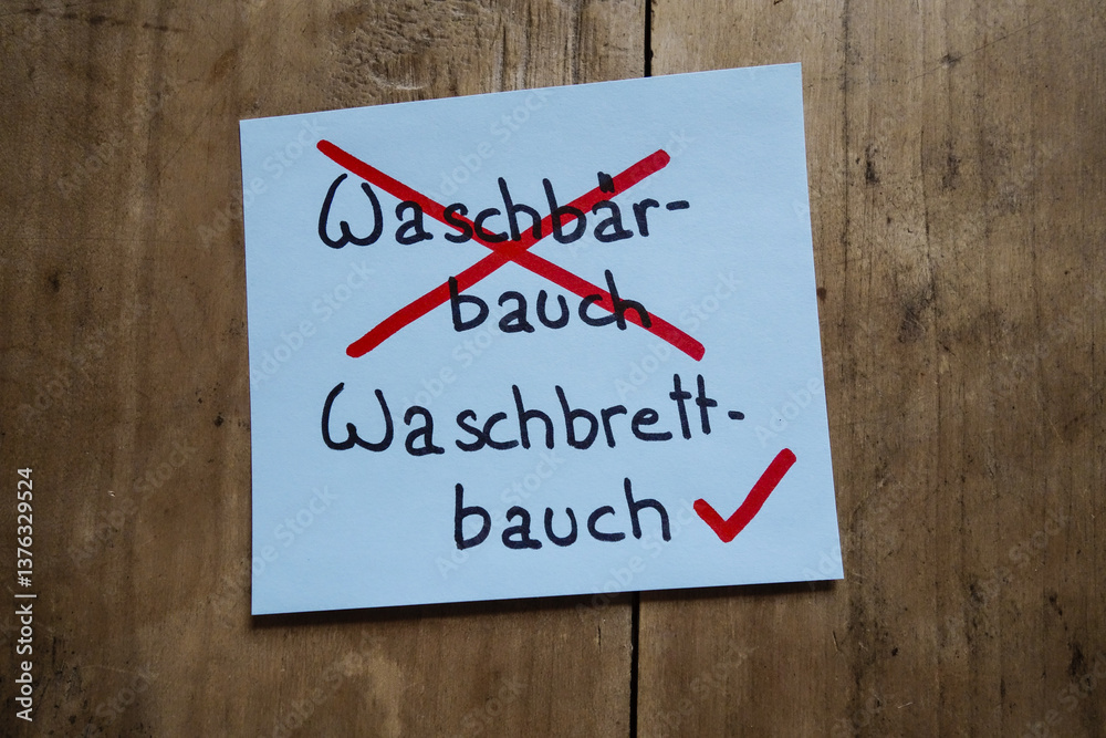 Memo-Zettel auf Tisch. Post it, Waschbrettbauch