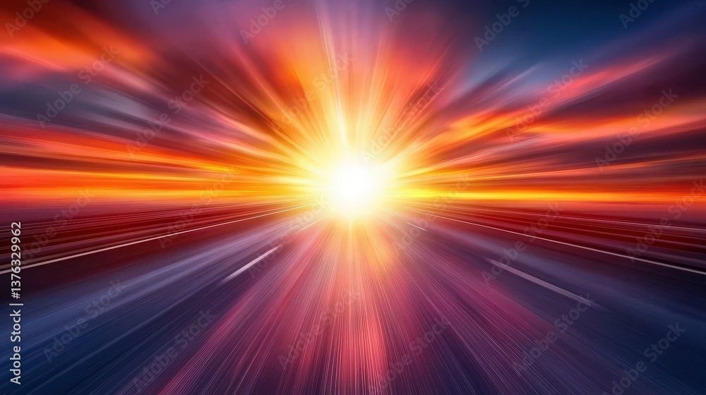 High-speed road with motion blur at sunset, featuring colorful light streaks. Represents business and technology themes in a futuristic design. High-speed road with motion blur at sunset, featuring colorful light streaks. Represents business and technology themes in a futuristic design.