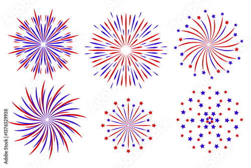 Fireworks red blue - set of elements for festive design for Independence Day of the USA