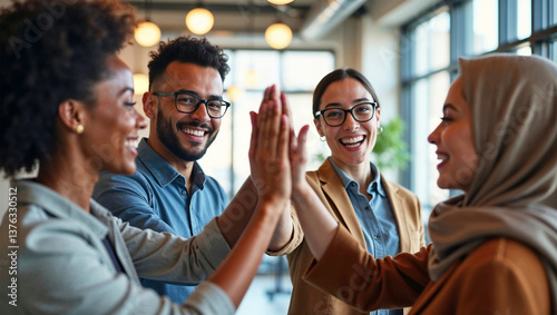 Diverse team of four young adult cheerful multiethnic businesspeople enjoying their teamwork, giving high five together in modern office, celebrating success, achievements and goals, showing unity photo