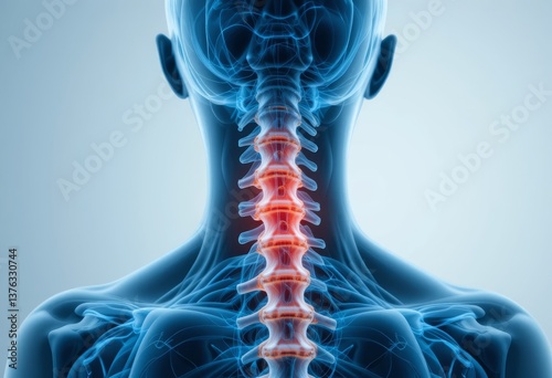 Medical illustration of human spine. Painful area highlighted.