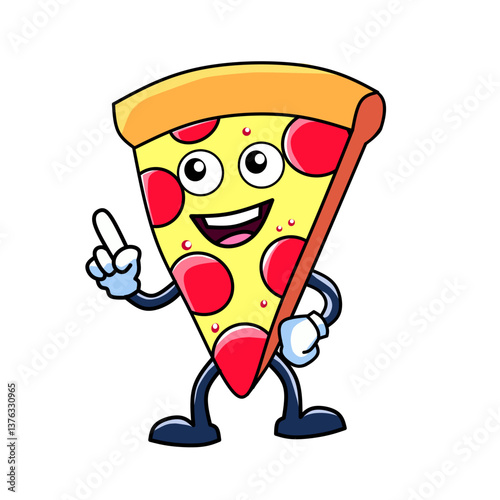 Funny anthropomorphic pizza slice with big eyes, a cheerful smile, and a pointing gesture. Ideal for food branding, restaurant promotions, and fun designs