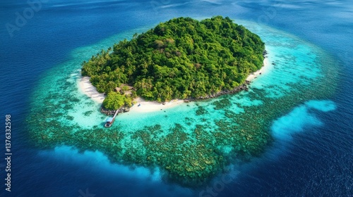 A bird's-eye view of a tropical island surrounded by crystal-clear waters and coral reefs