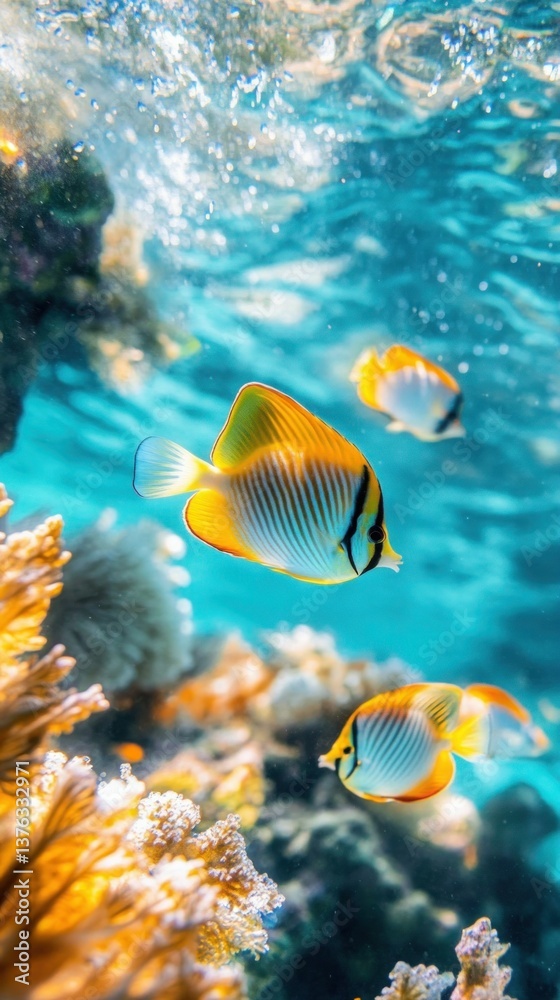 A bird's-eye view of a tropical island surrounded by crystal-clear waters and coral reefs A bird's-eye view of a tropical island surrounded by crystal-clear waters and coral reefs