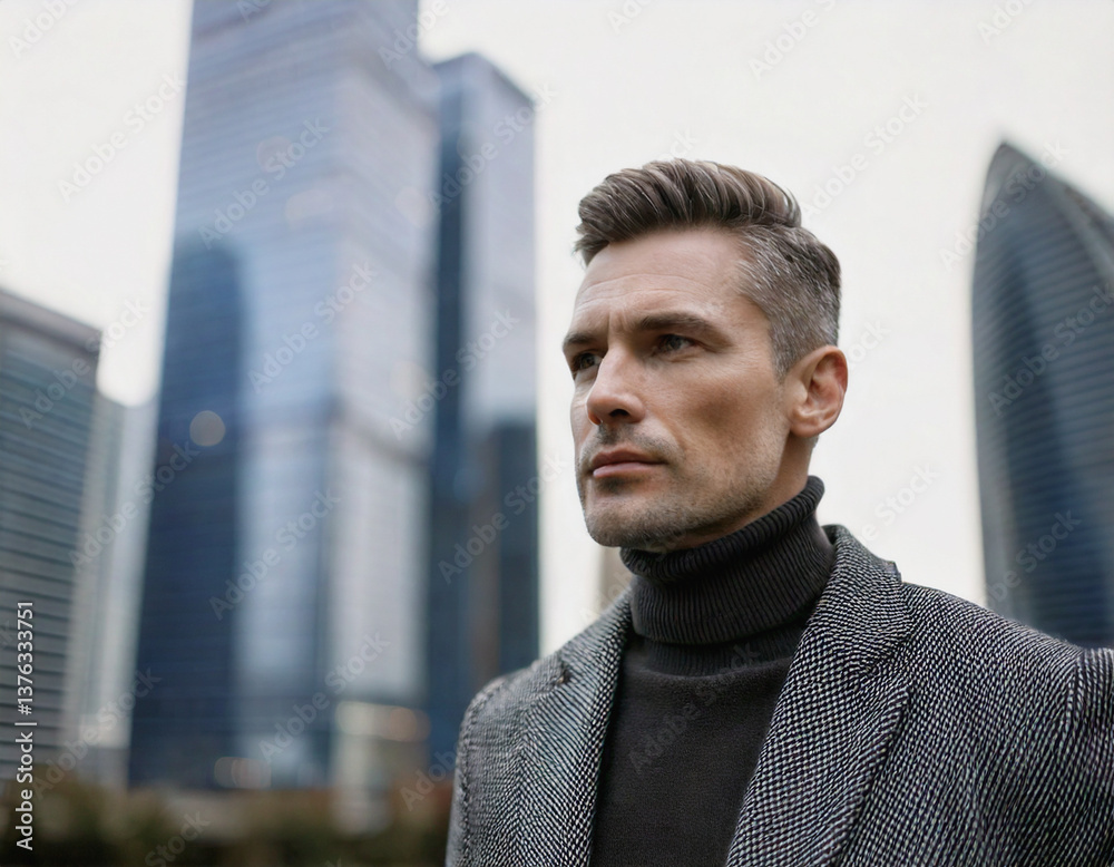 Naklejka premium Elegant European White Male Manager in Turtleneck and Blazer in Urban Business District with Skyscrapers