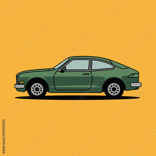 Green Vintage Coupe Illustration on Yellow Background: Classic Car Design for Automotive Enthusiasts and Retro Style Graphics