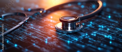 Stethoscope resting on digital display with glowing blue lines of data, representing healthcare technology and the future of medical innovation today