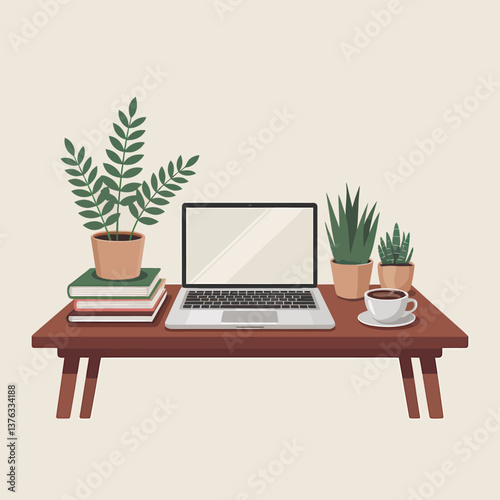 Workplace Illustration: Laptop, Plants, Books, and Coffee on Wooden Desk - Home Office Setup for Freelance Work