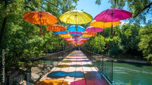 Wallpaper Mural plank bridge over a river with colorful umbrellas Torontodigital.ca