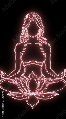 Woman in lotus pose, pink glow, dark background