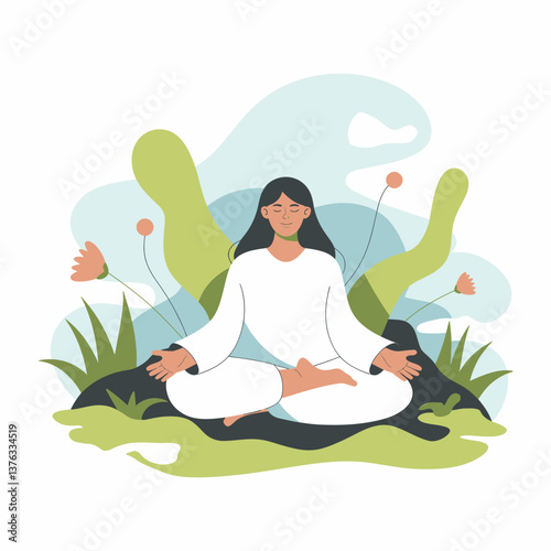 Woman in lotus position practicing mindfulness meditation in nature. Flat vector illustration for wellness, relaxation, and healthy lifestyle concept.